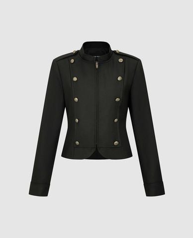  URBAN REVIVO - Áo khoác croptop nữ cổ trụ đính nút 