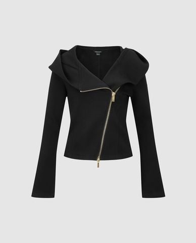  URBAN REVIVO - Áo khoác nữ phối mũ khóa zip chéo 