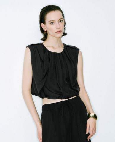  URBAN REVIVO - Áo sát nách nữ cổ V xếp nhún 