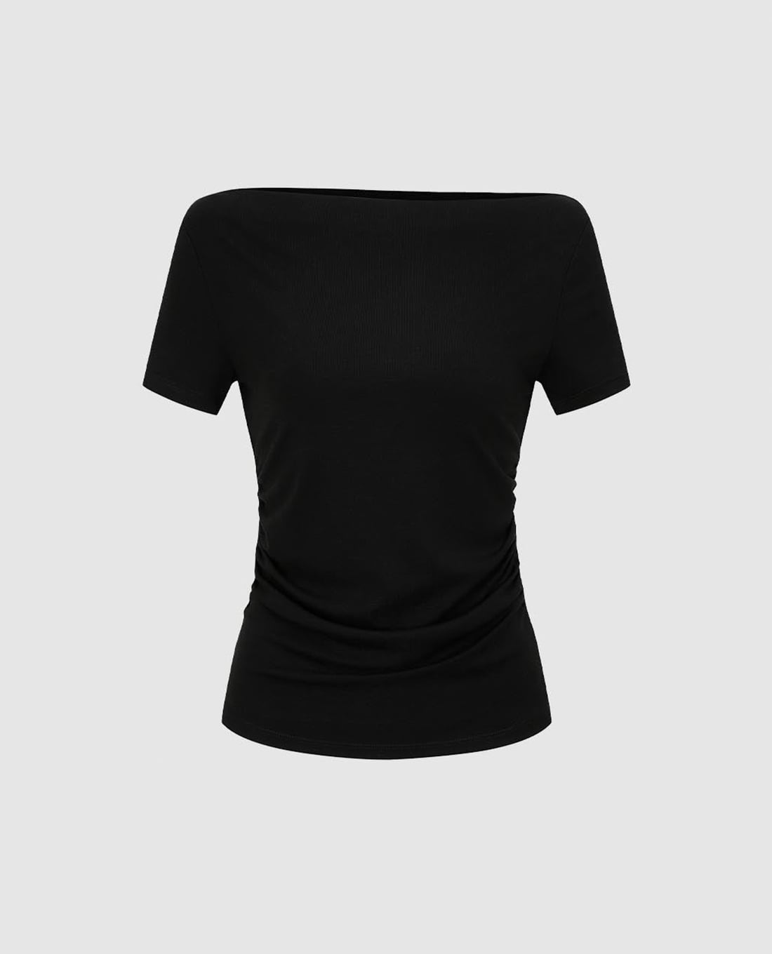 URBAN REVIVO - Áo kiểu nữ cổ thuyền tay ngắn xếp nếp