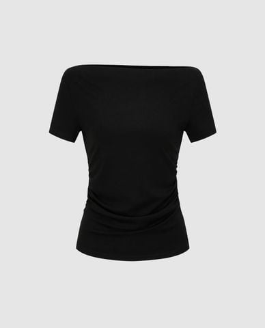  URBAN REVIVO - Áo kiểu nữ cổ thuyền tay ngắn xếp nếp 