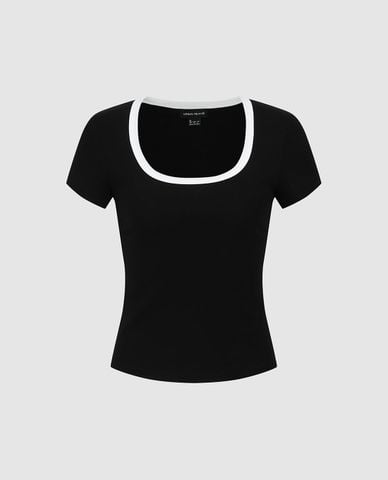  URBAN REVIVO - Áo thun nữ cổ vuông tay ngắn phối viền 