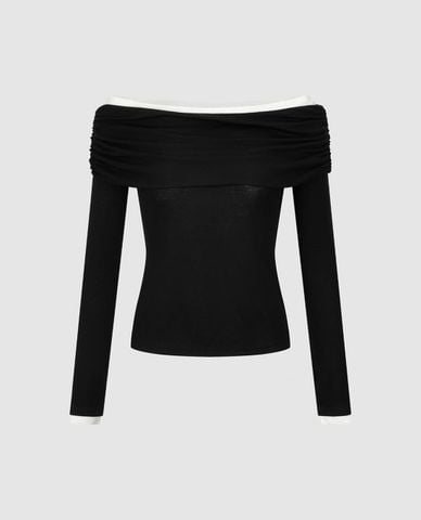  URBAN REVIVO - Áo trễ vai nữ tay dài phối viền phom ôm 