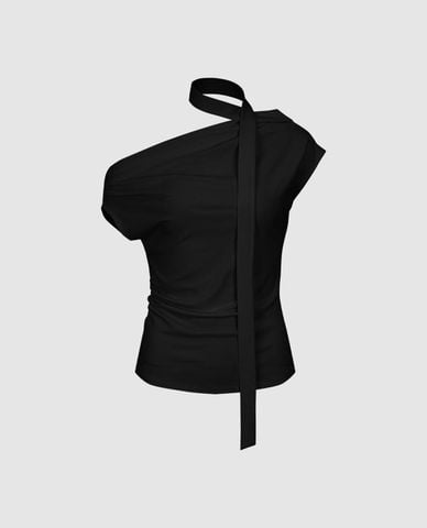  URBAN REVIVO - Áo kiểu nữ lệch vai xếp nếp phối khăn cổ 