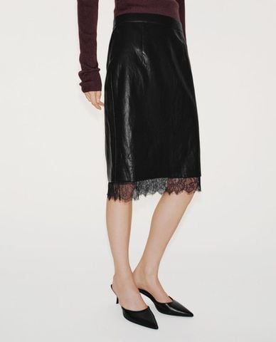  URBAN REVIVO - Chân váy phom suông midi phối ren 