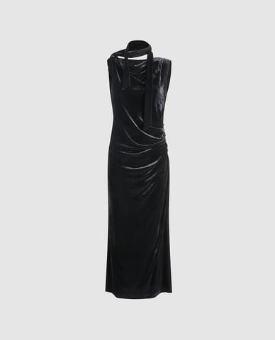  URBAN REVIVO - Đầm sát nách midi cổ đổ phối dây 