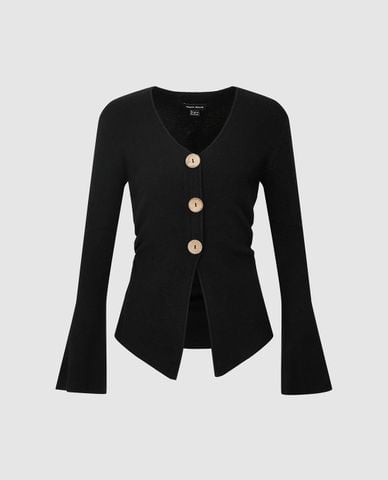  URBAN REVIVO - Áo dệt kim nữ cổ V tay loe khuy lớn 