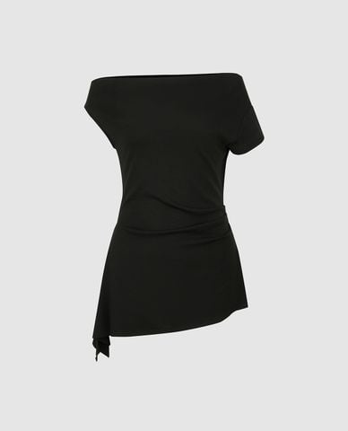  URBAN REVIVO - Áo trễ vai nữ tay ngắn phom ôm 