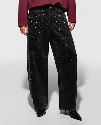  URBAN REVIVO - Quần jeans nữ ống rộng đính đá 