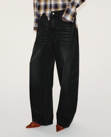  URBAN REVIVO - Quần jeans nữ ống rộng lưng thun wash bạc 