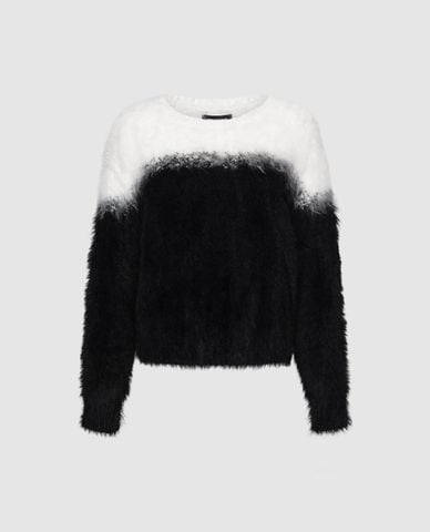  URBAN REVIVO - Áo dệt kim nữ cổ tròn tay dài phối lông 