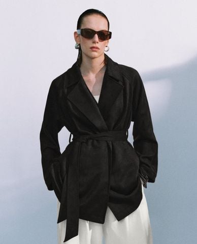  URBAN REVIVO - Áo khoác măng tô nữ dáng ngắn thắt eo 