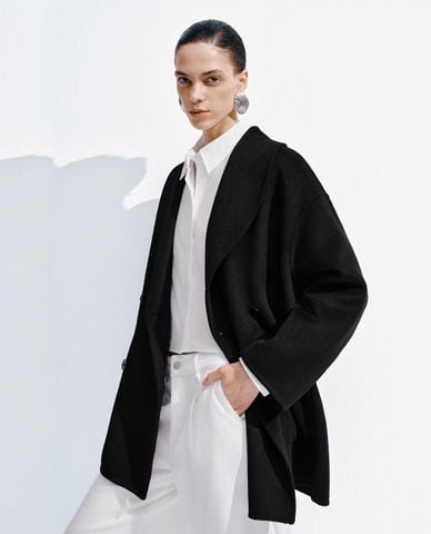  URBAN REVIVO - Áo khoác dạ lông cừu nữ cổ ve hai hàng nút 