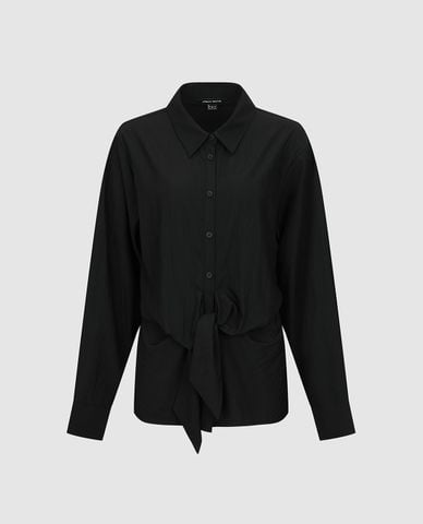  URBAN REVIVO - Áo sơ mi nữ cổ bẻ tay dài buộc eo 