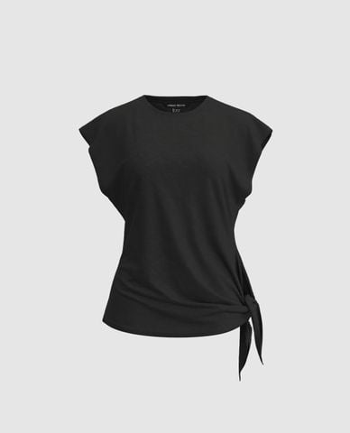  URBAN REVIVO - Áo kiểu nữ tay ngắn buộc vạt chéo 