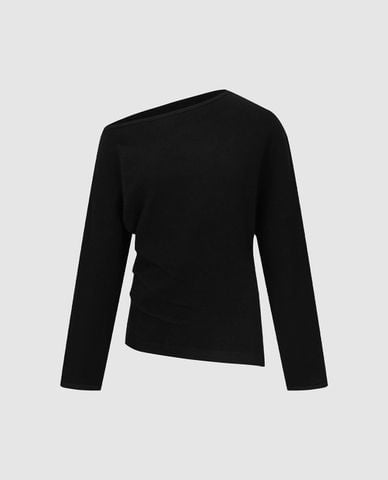  URBAN REVIVO - Áo kiểu nữ tay dài lệch vai nhún eo 