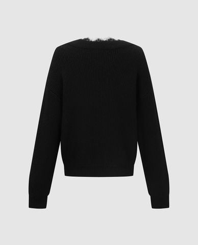  URBAN REVIVO - Áo dệt kim nữ cổ V tay dài phối ren 