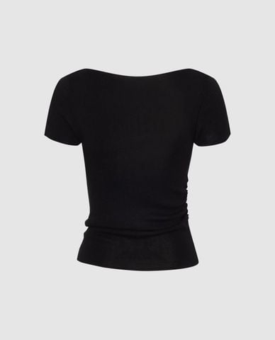  URBAN REVIVO - Áo dệt kim nữ cổ thuyền tay ngắn phom ôm 