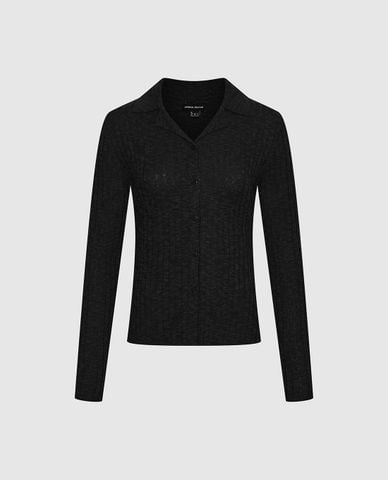  URBAN REVIVO - Áo dệt kim nữ cổ bẻ tay dài phom ôm 