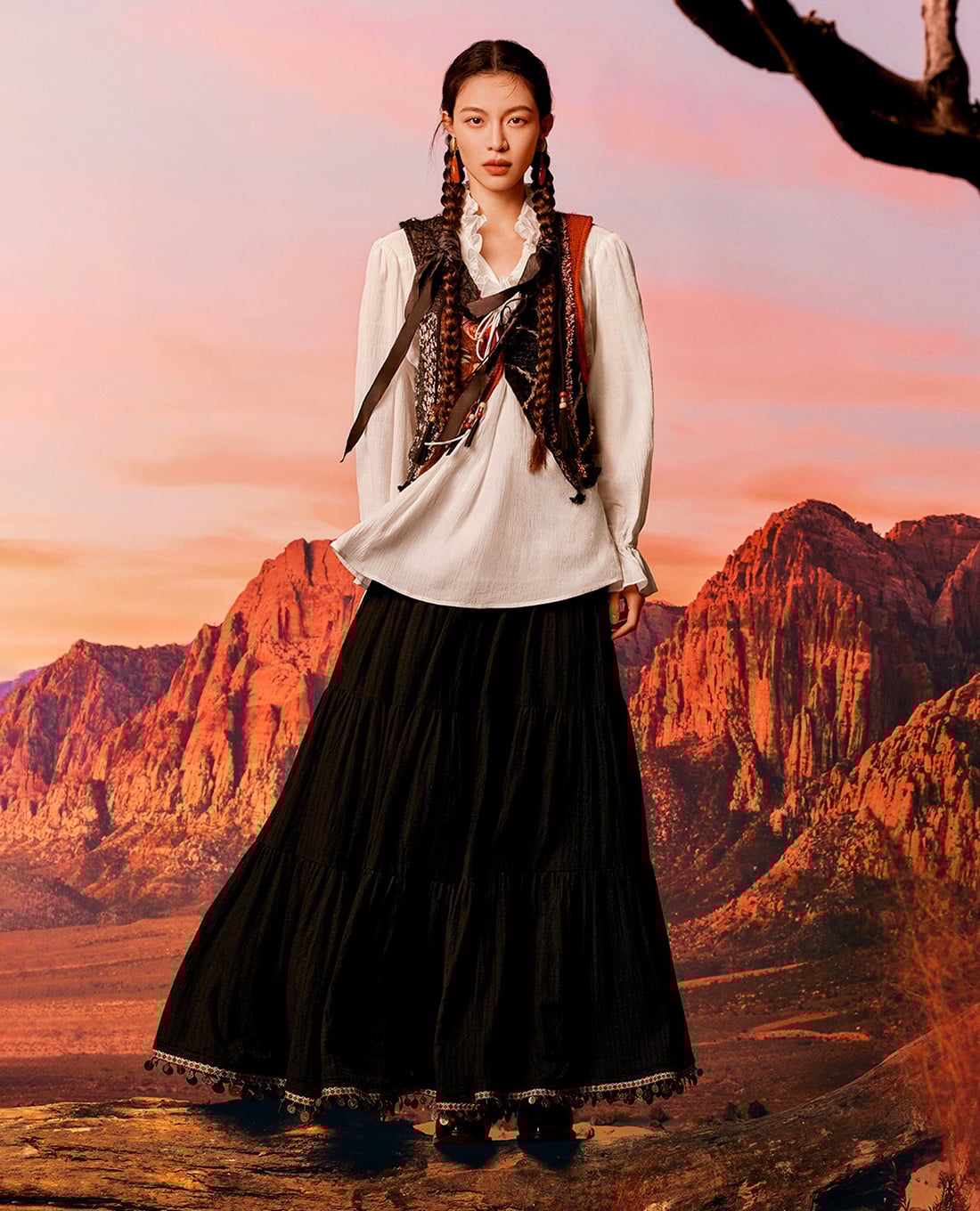 URBAN REVIVO - Chân váy xếp tầng maxi dáng xòe