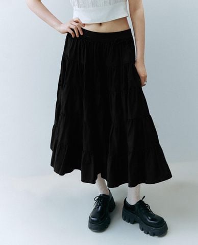  URBAN REVIVO - Chân váy chữ A midi xếp tầng phối nơ 