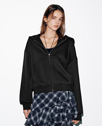  URBAN REVIVO - Áo khoác phối mũ nữ tay dài khóa zip 