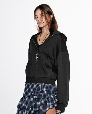  URBAN REVIVO - Áo khoác phối mũ nữ tay dài khóa zip 