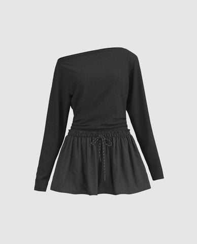  URBAN REVIVO - Đầm mini trễ vai chiết eo 