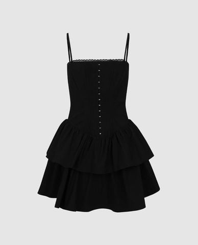  URBAN REVIVO - Đầm hai dây mini xếp tầng phối ren 