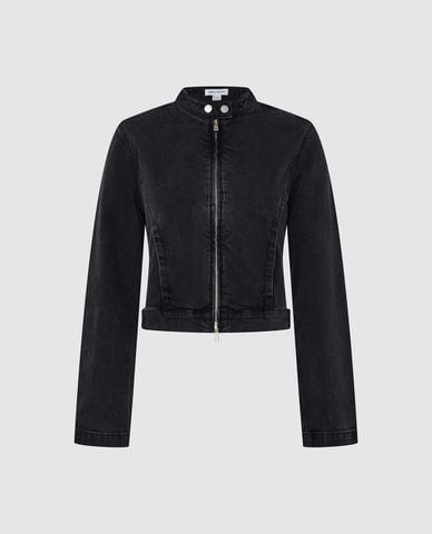 URBAN REVIVO - Áo khoác denim nữ cổ trụ tay dài phom croptop 