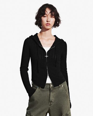  URBAN REVIVO - Áo khoác dệt kim nữ phom ôm phối khoá zip 