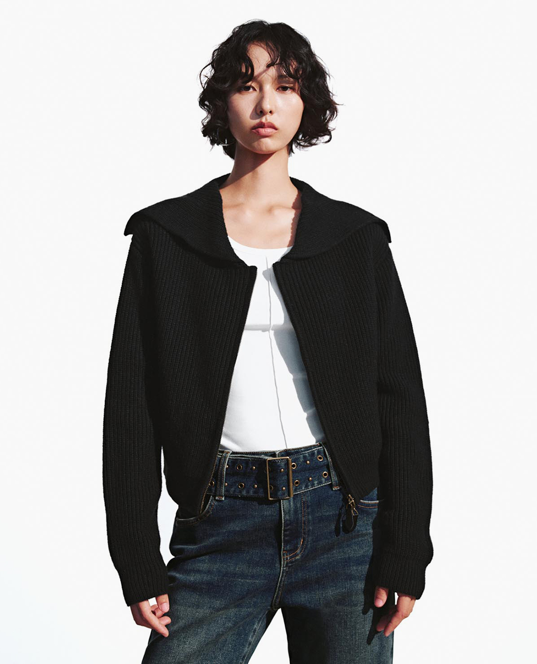 URBAN REVIVO - Áo khoác cardigan nữ cổ rộng khóa kéo