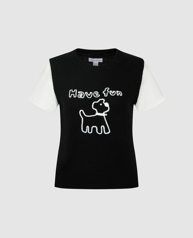  URBAN REVIVO - Áo dệt kim nữ cổ tròn tay ngắn phối họa tiết 