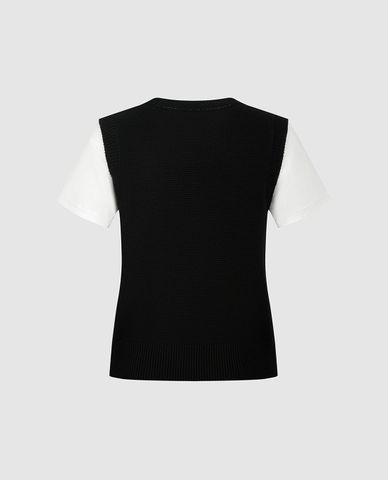  URBAN REVIVO - Áo dệt kim nữ cổ tròn tay ngắn phối họa tiết 