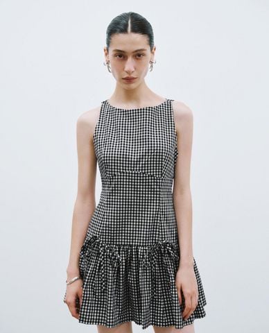  URBAN REVIVO - Đầm xếp tầng mini họa tiết caro 