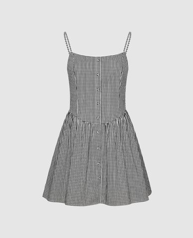  URBAN REVIVO - Đầm hai dây mini kẻ sọc phối nút 