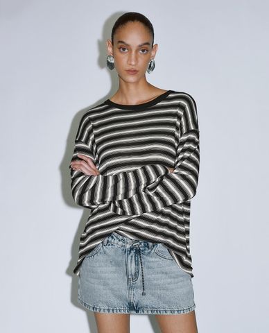  URBAN REVIVO - Áo thun nữ cổ tròn tay dài kẻ sọc 