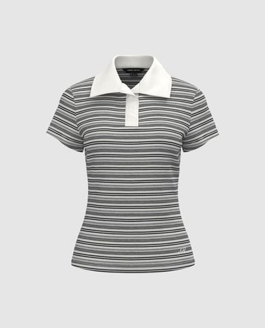  URBAN REVIVO - Áo polo nữ cổ bẻ tay ngắn phối sọc 