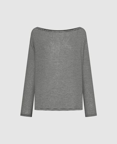  URBAN REVIVO - Áo dệt kim nữ cổ thuyền tay dài kẻ sọc 