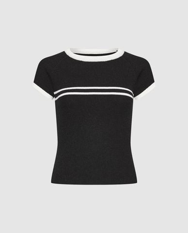  URBAN REVIVO - Áo dệt kim nữ cổ tròn tay ngắn phối sọc 