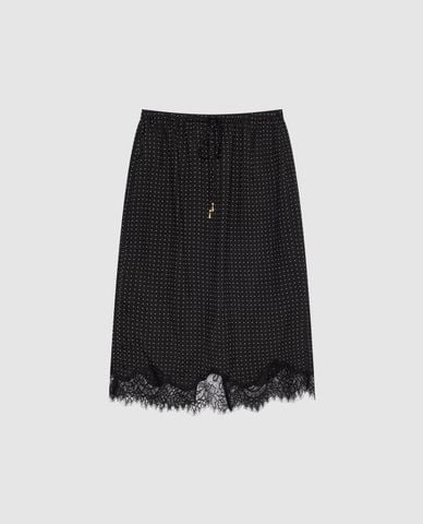  URBAN REVIVO - Chân váy phom suông midi chấm bi viền ren 