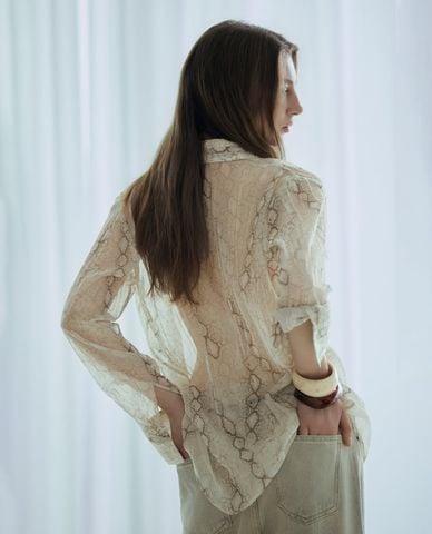  DEZUS - Áo sơ mi nữ cổ bẻ tay dài xuyên thấu Samdy 