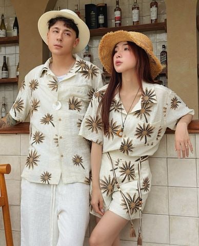  DEZUS - Set áo sơ mi và quần short nữ họa tiết lá dừa Palmie 