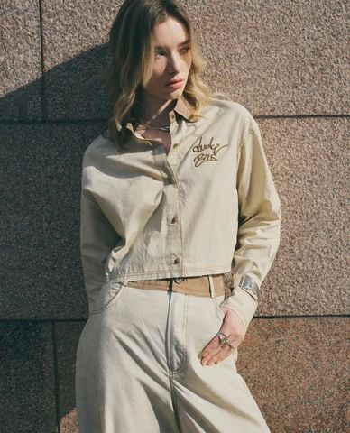  DEZUS - Áo sơ mi nữ cổ bẻ tay dài thêu chữ Shaine 