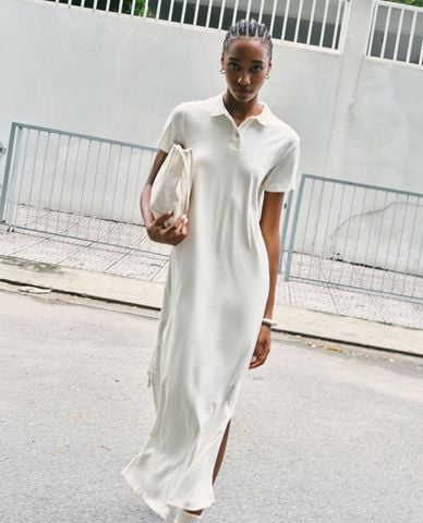  DEZUS - Đầm polo maxi cổ bẻ tay ngắn xẻ tà 