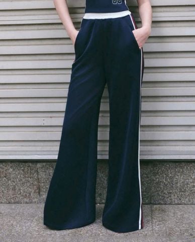  DEZUS - Quần nữ ống rộng lưng thun viền sọc Quondam 