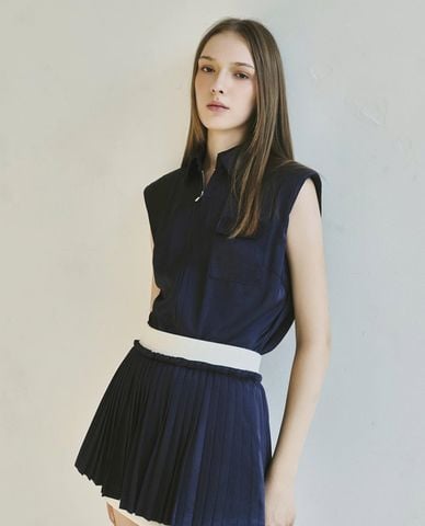  DEZUS - Áo sát nách nữ cổ bẻ phối túi hộp Lanin 