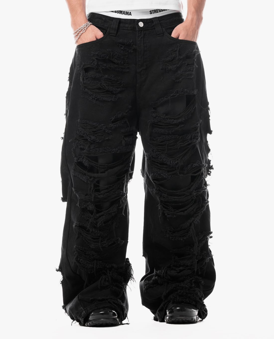 STRESSMAMA - Quần jeans unisex ống rộng rách gối