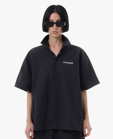  STRESSMAMA - Áo sơ mi unisex cổ bẻ tay ngắn thêu logo 