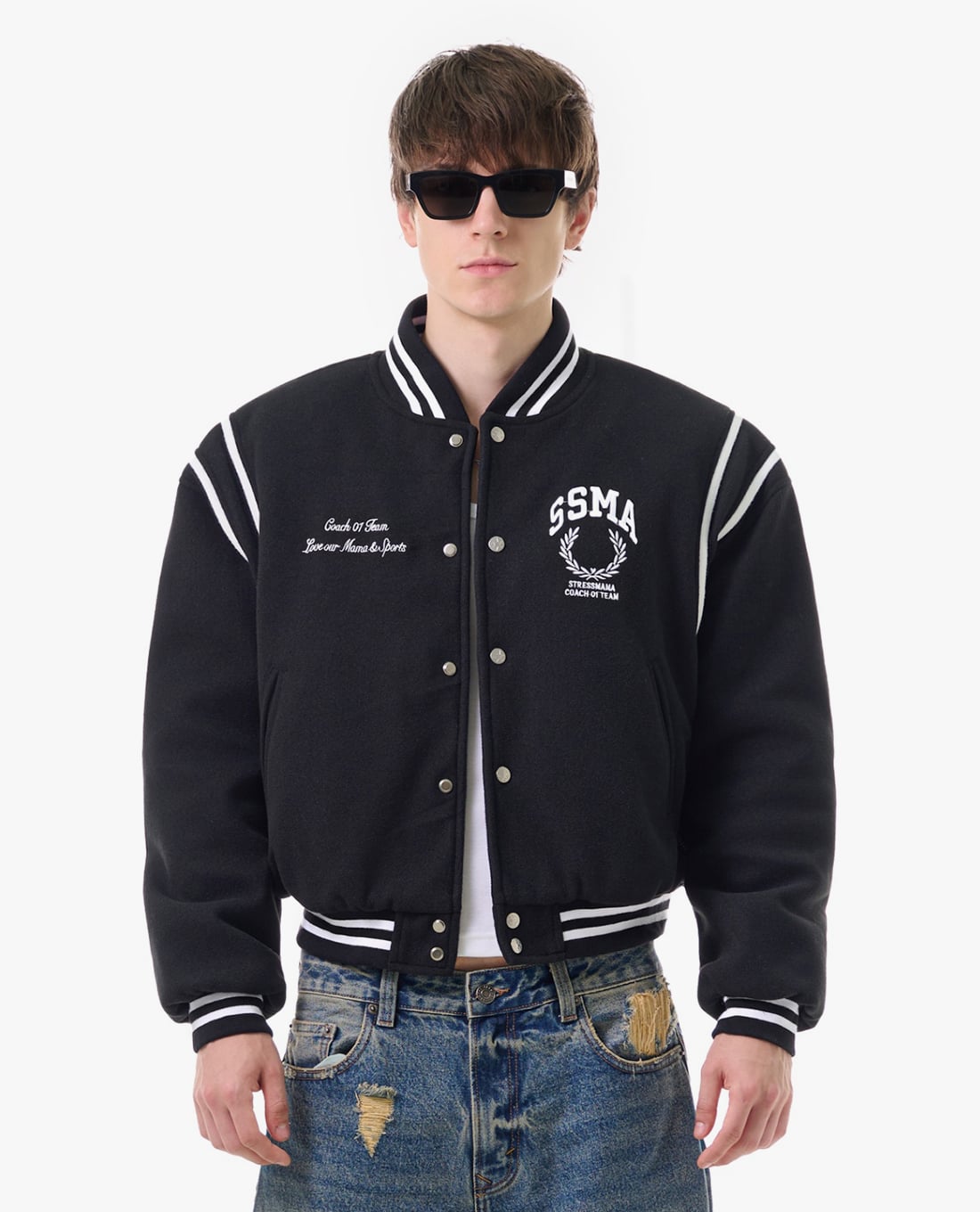 STRESSMAMA - Áo khoác bomber unisex cổ V tay dài Varsity
